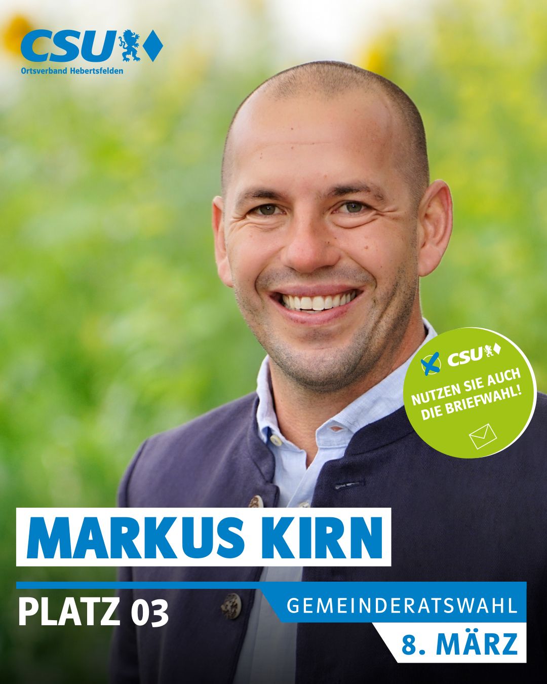 Markus Kirn, 40 Jahre
Hebertsfelden 
Geschäftsführer 

verheiratet und zwei Kinder mit 6 und 11 Jahren. 
Hobbys: Snowboarden, Fußball und Musik. 
Mitglied bei: SV Hebertsfelden, Lindenthaler
Gemeinderat seit 2023

#wirfürhebertsfelden
#PolitikZumAnfassen #csu #hebertsfelden #näherammenschen