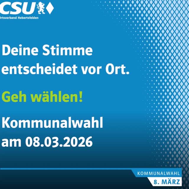 Am Sonntag, 08 März sind Kommunalwahlen.

Bitte wählen gehen!

#wirfürhebertsfelden
#PolitikZumAnfassen #csu #hebertsfelden #näherammenschen